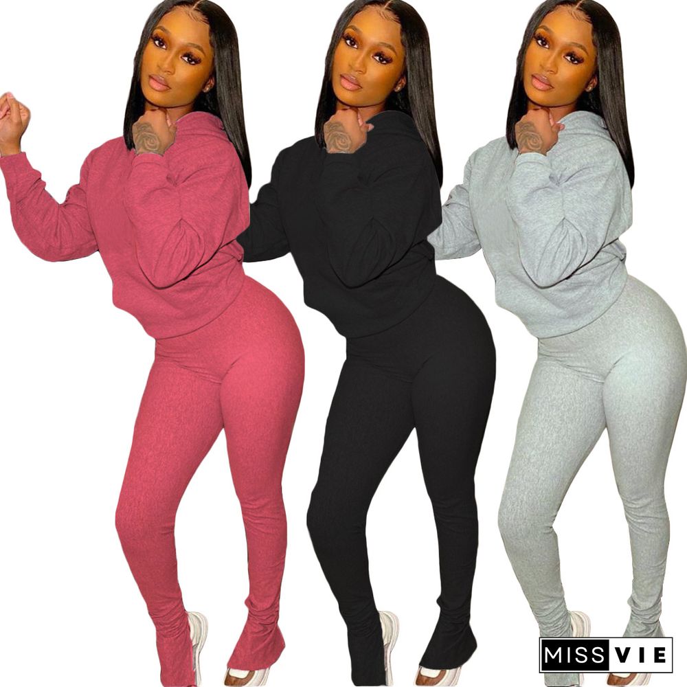 Solid Color Long Sleeve Hoodies Sweatshirt Pants Set