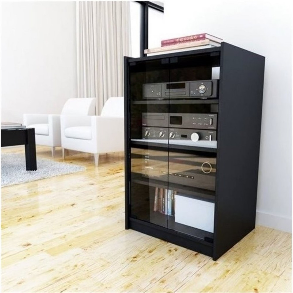 Bowery Hill Contemporary Glass Enclosed Audio Rack in Ravenwood Black   Transitional   Media Cabinets   by Homesquare  Houzz