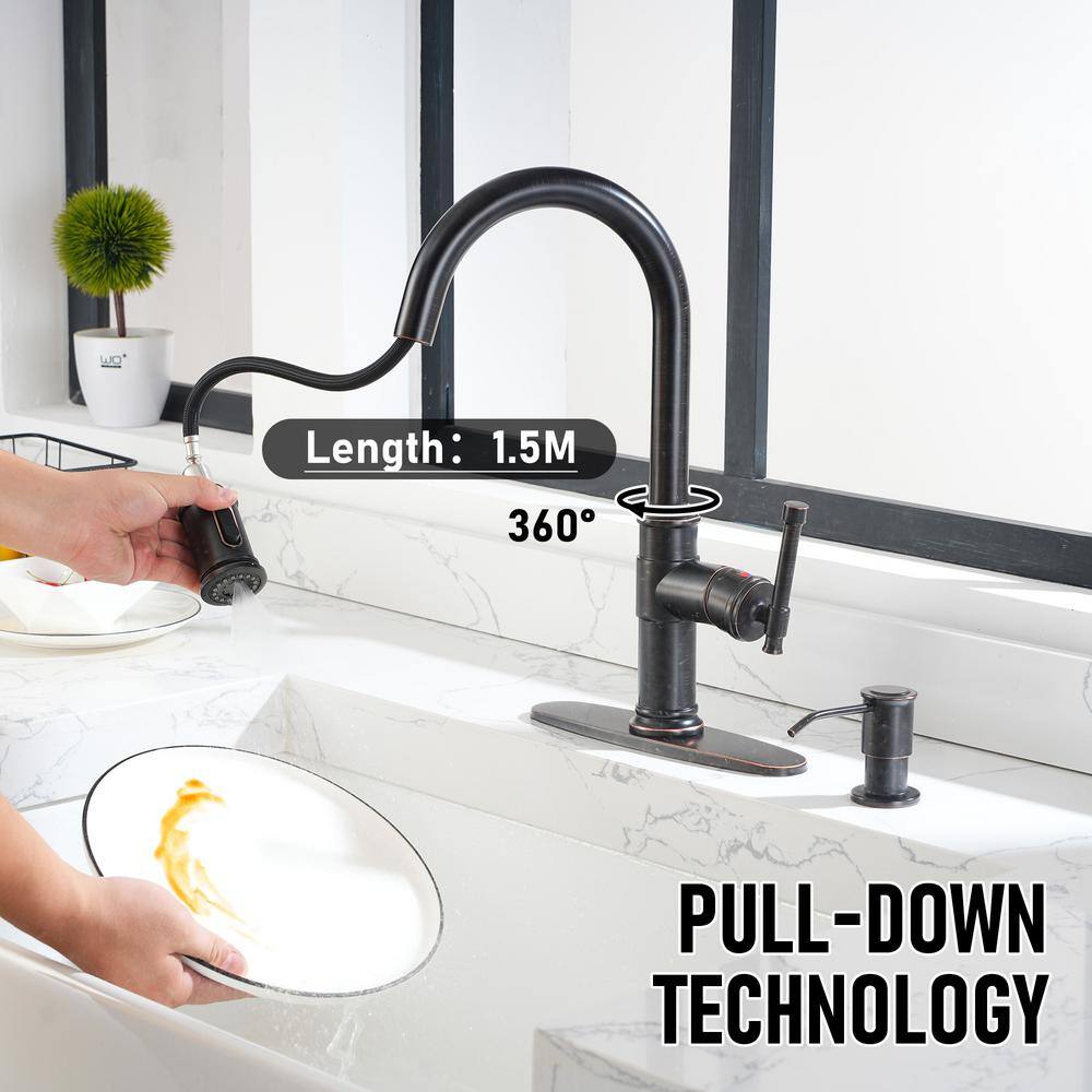 Boyel Living 1.8 GPM Single Handle Pull Down Sprayer Kitchen Faucet with Soap Dispenser and Ceramic Cartridge in Oil Rubbed Bronze BL-APS136-ORB