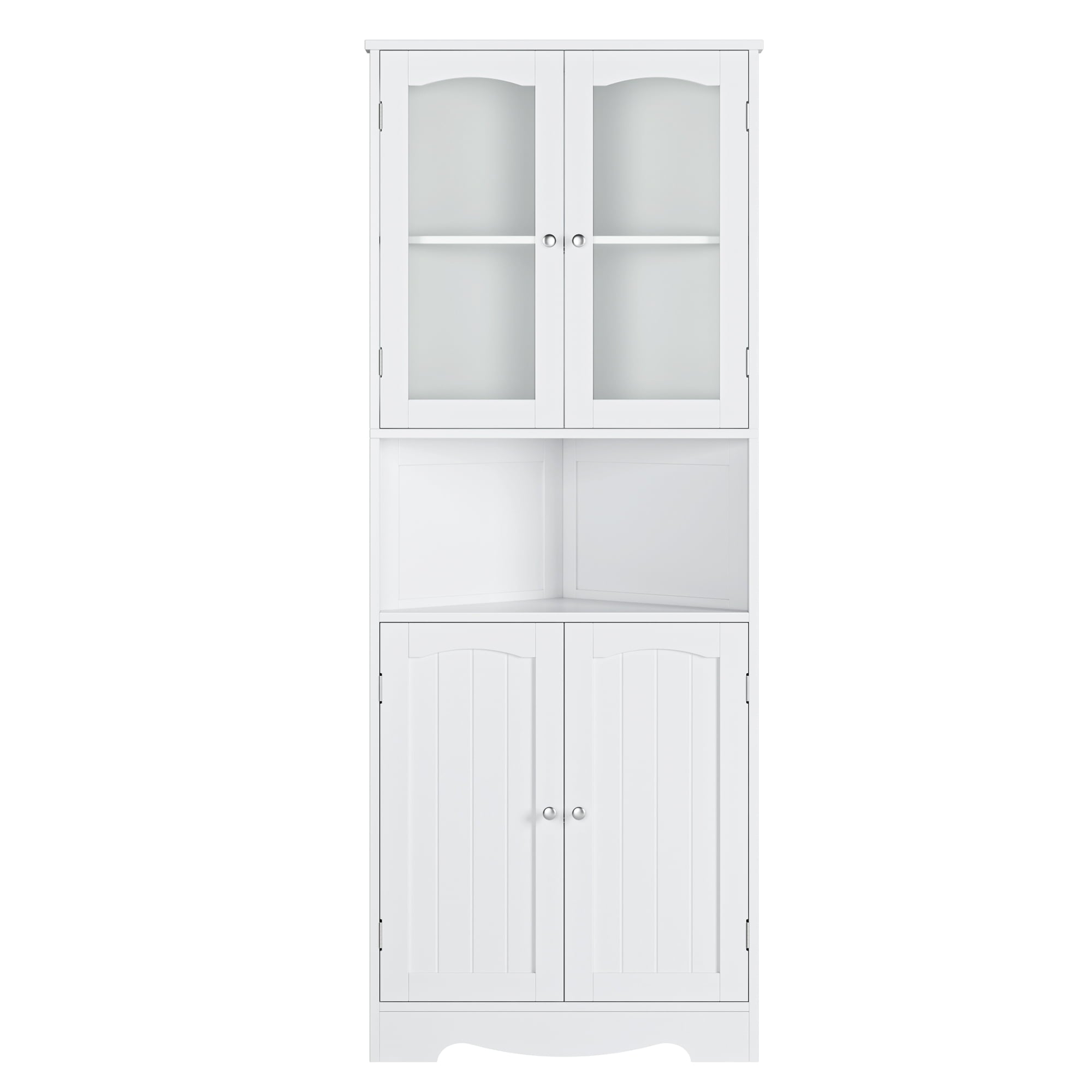 Homfa Corner Storage Cabinet, Wooden 4 Doors Linen Cabinet Cupboard for Bathroom, White