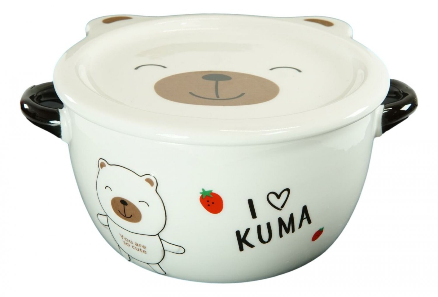 1 Pack Of 2 White Kuma Bear Porcelain Kids Food Bowls 25Oz W/ Condiment Lid Plate EBR02