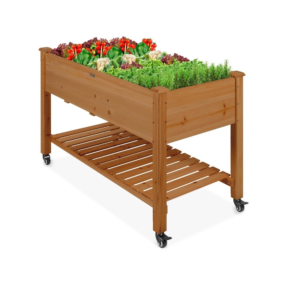 Outdoor Wood Raised Garden Bed Planter Box with Shelf and Locking Wheels   48\