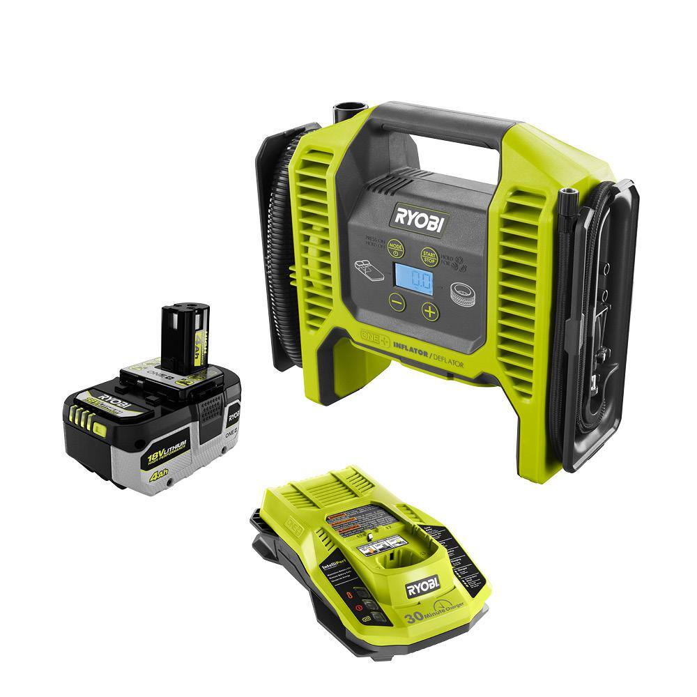 RYOBI ONE+ 18V Cordless Dual Function Portable InflatorDeflator with HIGH PERFORMANCE 4.0 Ah Battery and Charger Kit P747-PSK004