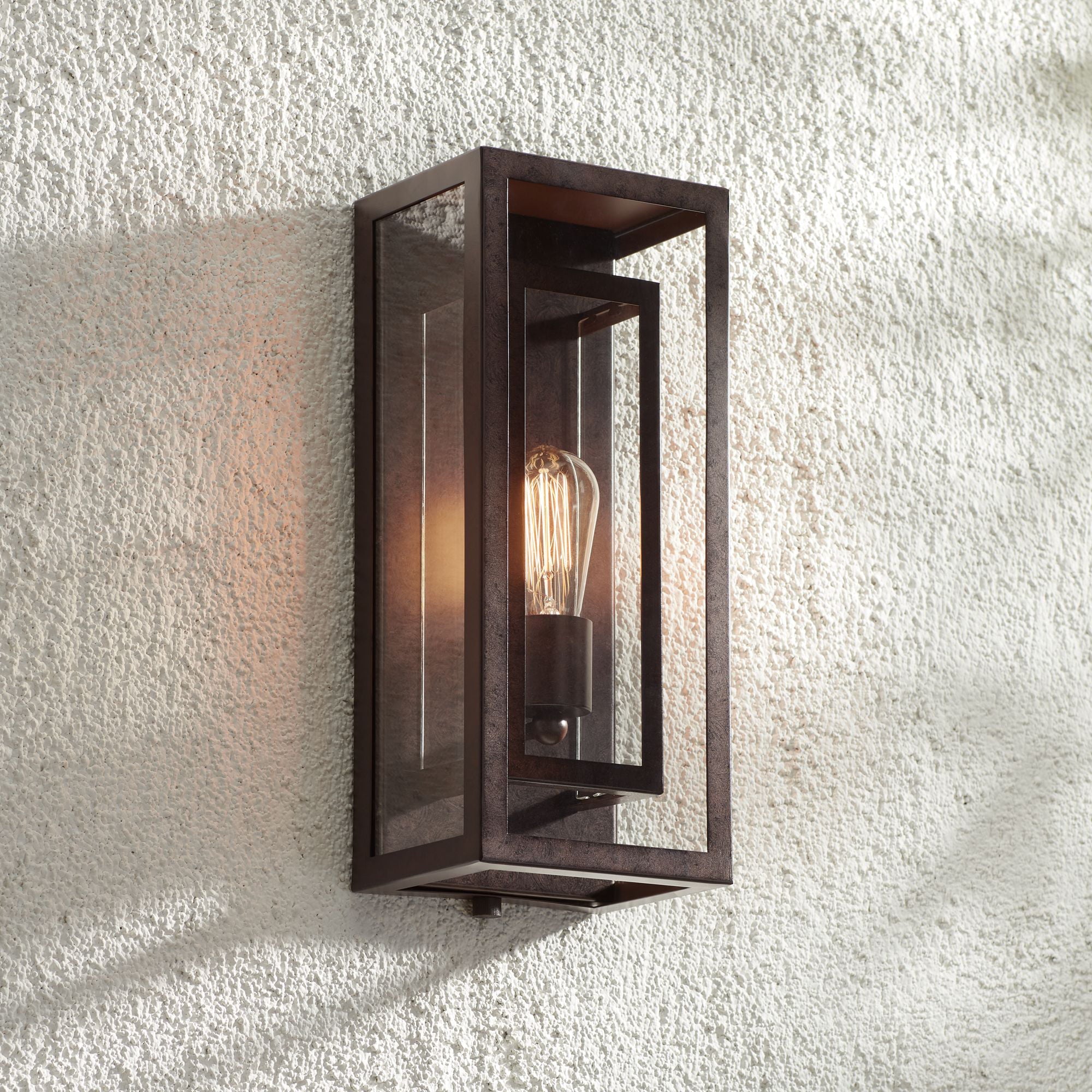 Possini Euro Design Modern Outdoor Wall Light Fixture Bronze Double Box 15 1/2" Clear Glass Exterior House Deck