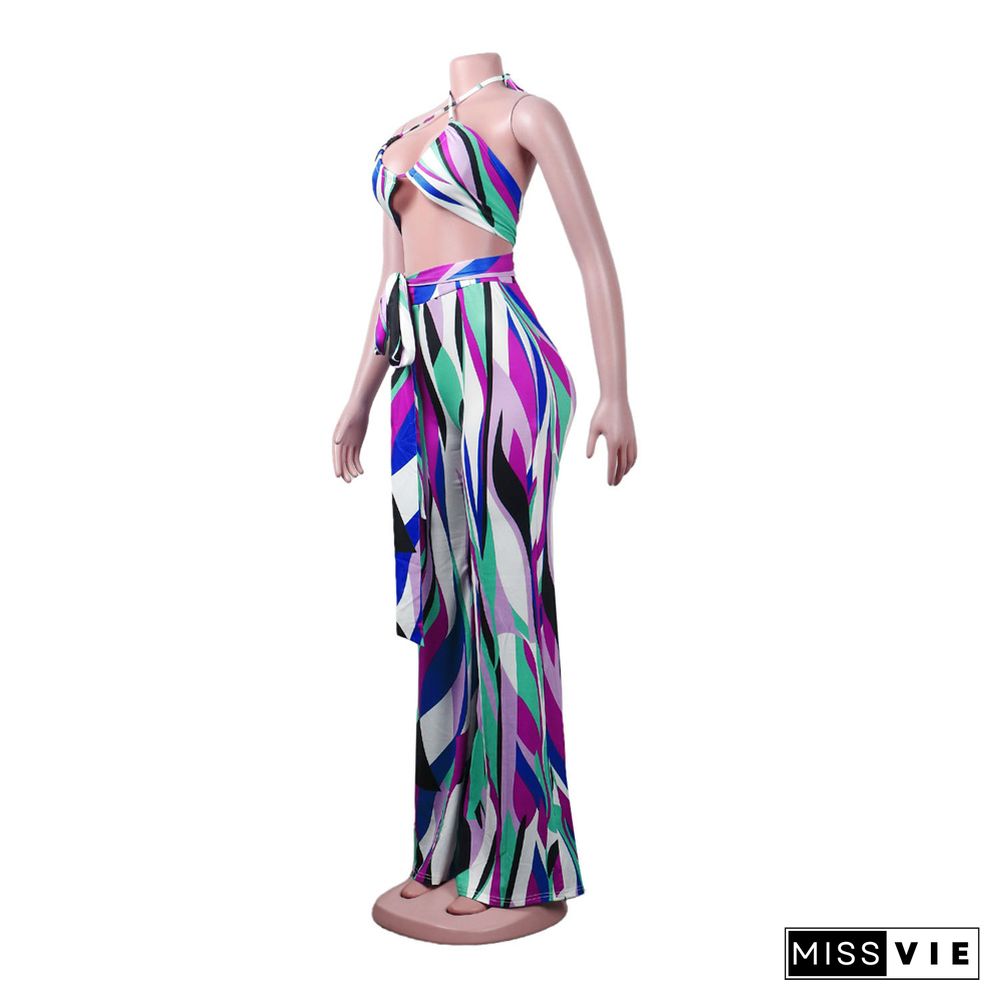 Print Halter Bandage Bra Top Wide Leg Pant Sets