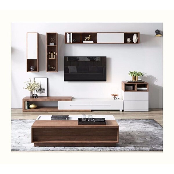 Modern Extendable White/Black TV Stand， Wood Media Console for Up to 70 Inch TV with 2 Drawers，78