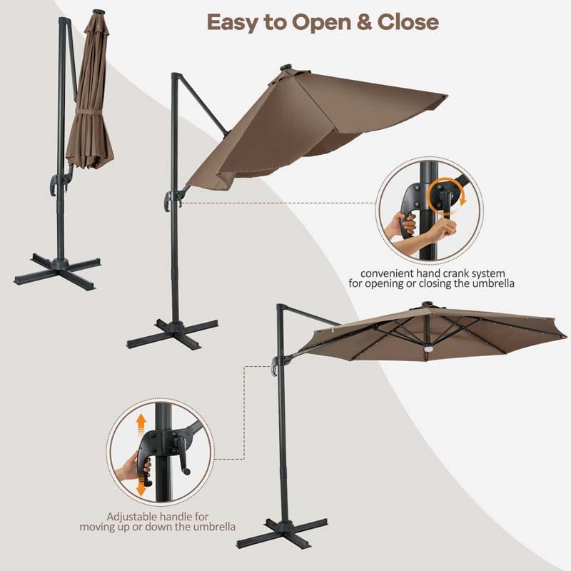 10 FT Cantilever Offset Patio Umbrella 28 Solar LED Lighted Market Umbrella with 3-Tilt Position, Crossed Base