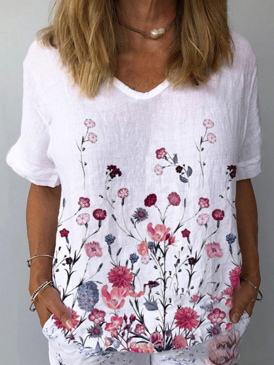 Casual Fashion Floral Print Crew Neck Short Sleeve Blouse