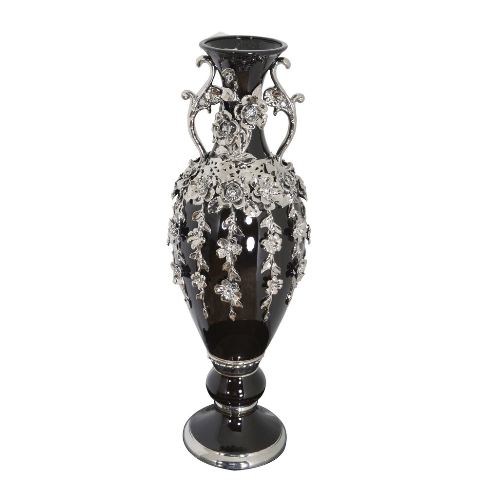 Black and Silver Floret Jeweled Stunning Vase 35 Inches Tall