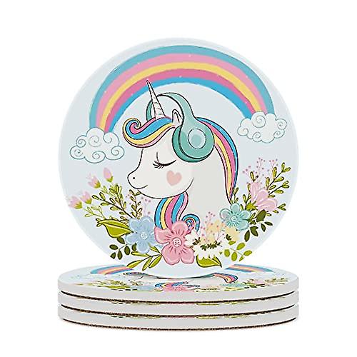 Round Drink Coasters 1 Pcs Unicorn With Flowers Rainbow On Blue Absorbent Ceramic Coaster With Cork Base For Coffee Cups Housewarming Gift For Home De