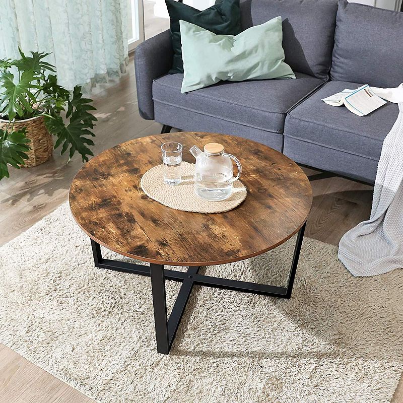 Industrial Round Coffee Table with Metal Frame， Easy To Assemble， For Living Room， Rustic Brown