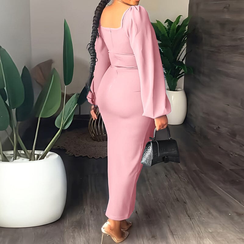 Long Sleeve Square Neck Slit Maxi Dresses