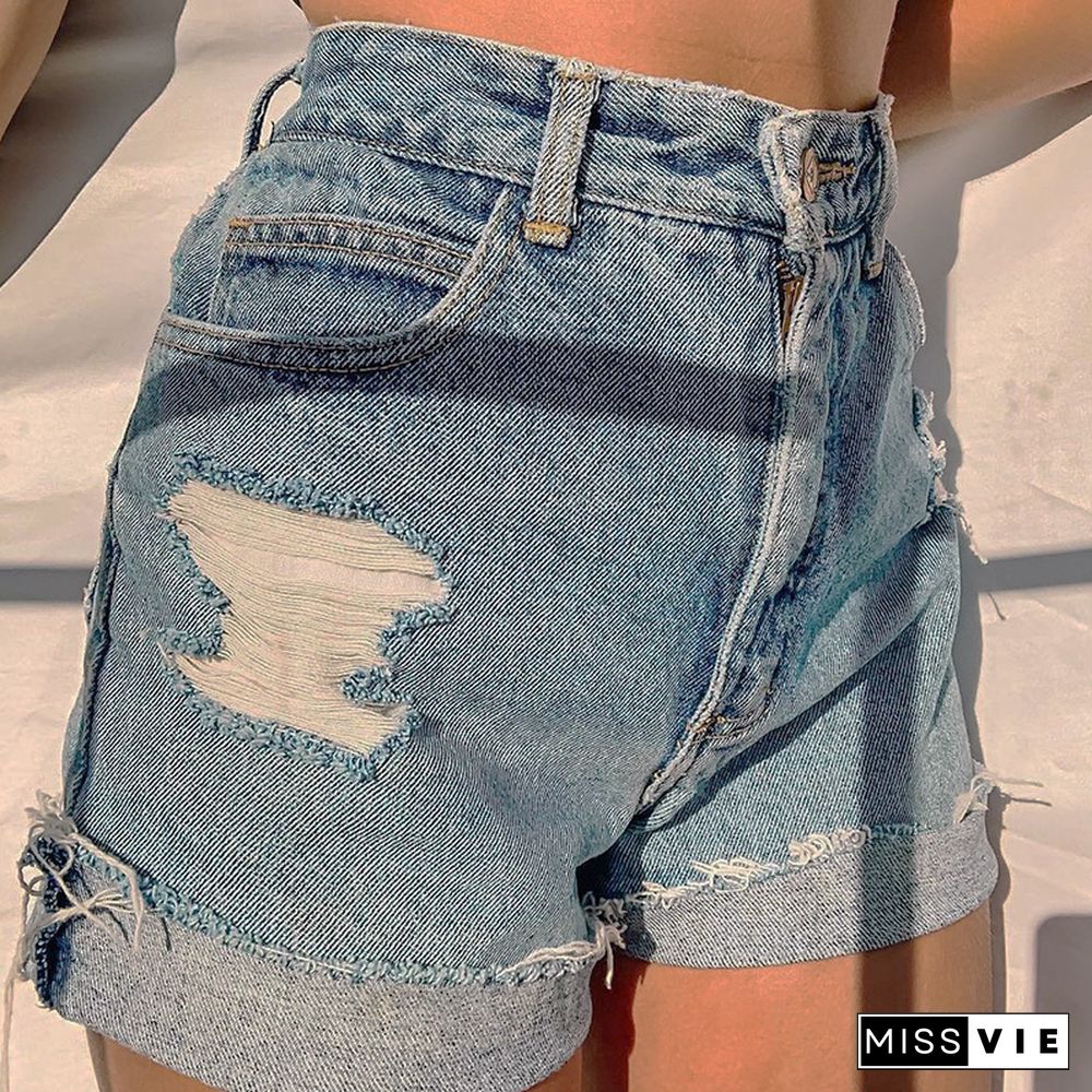 Retro Casual Print Denim Shorts