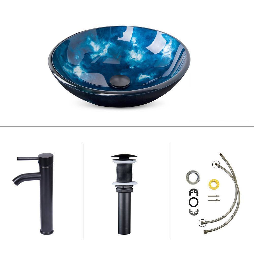 Puluomis Ocean Blue Glass Round Vessel Sink with Faucet Pop Up Drain Set USBA20077