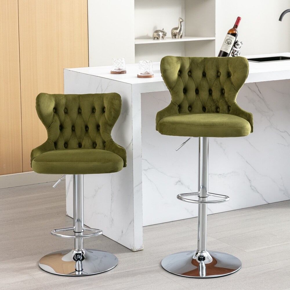 Set of 2 Swivel Upholstered Adjustable Height Tufted Bar Stools with Back