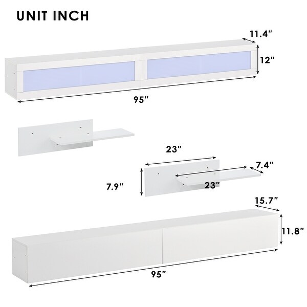 95''W High Gloss RGB LED Wall Mount Floating DIY TV Stand with Modular Assembly