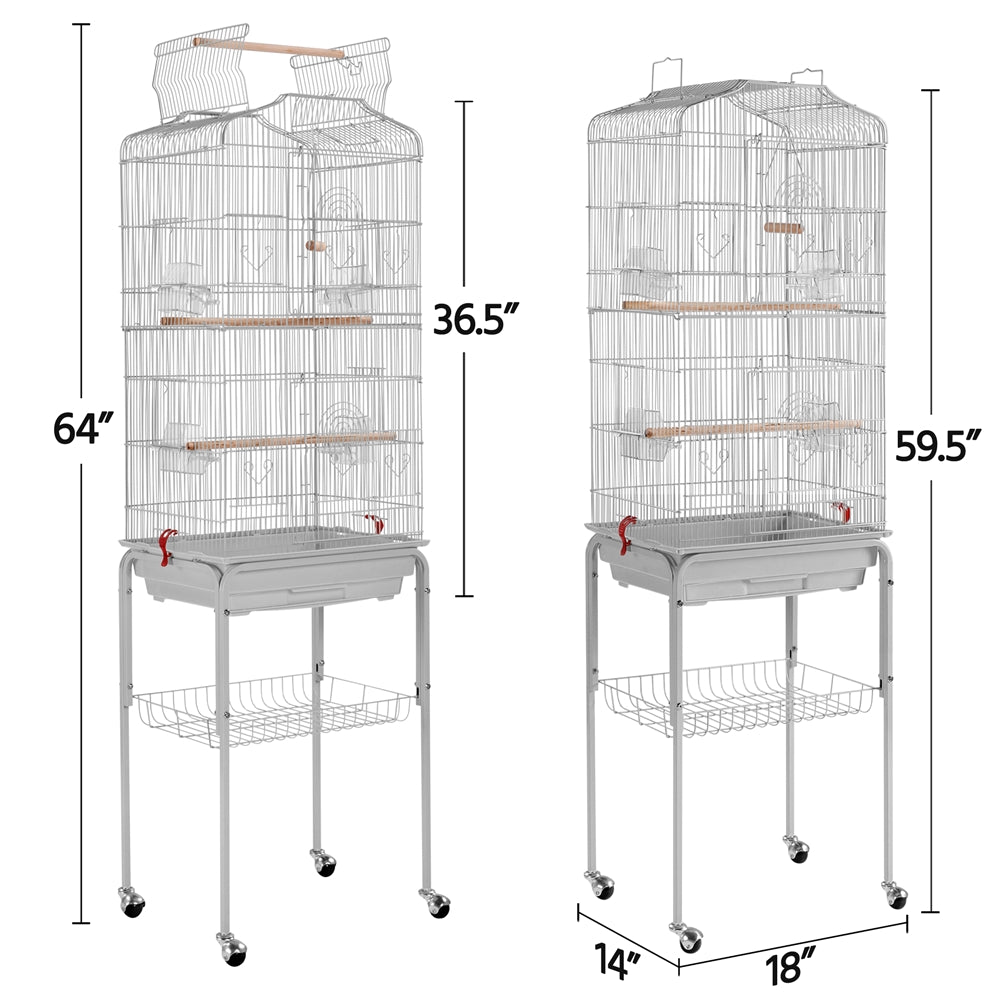 generic 64''H Open Top Metal Bird Cage Large Parrot Cage w/ Double Doors and Rolling Stand for Budgie Parrot Canary Cockatiel， Light Gray