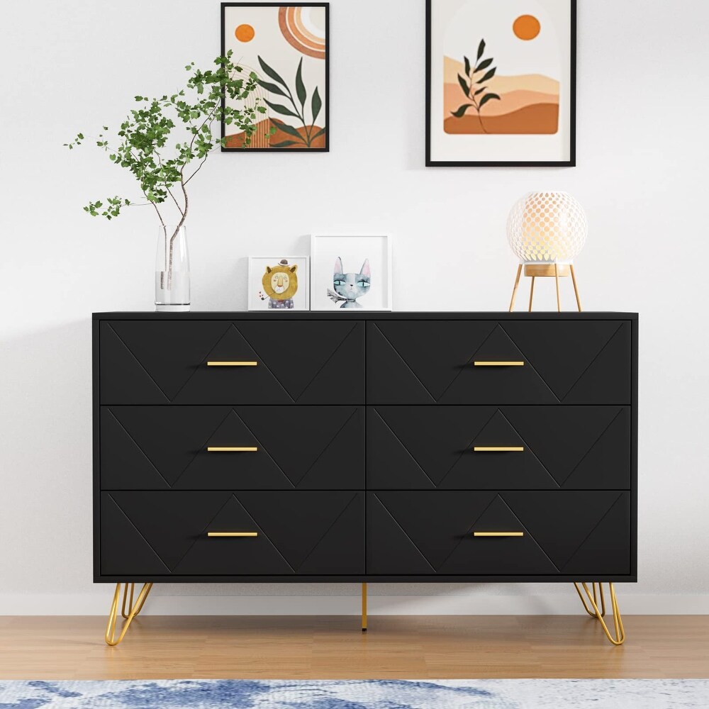 Black Dresser for Bedroom  Modern Dresser for Bedroom  6 Drawer Double Dresser with Drawers and Metal Handles  Wood Dressers