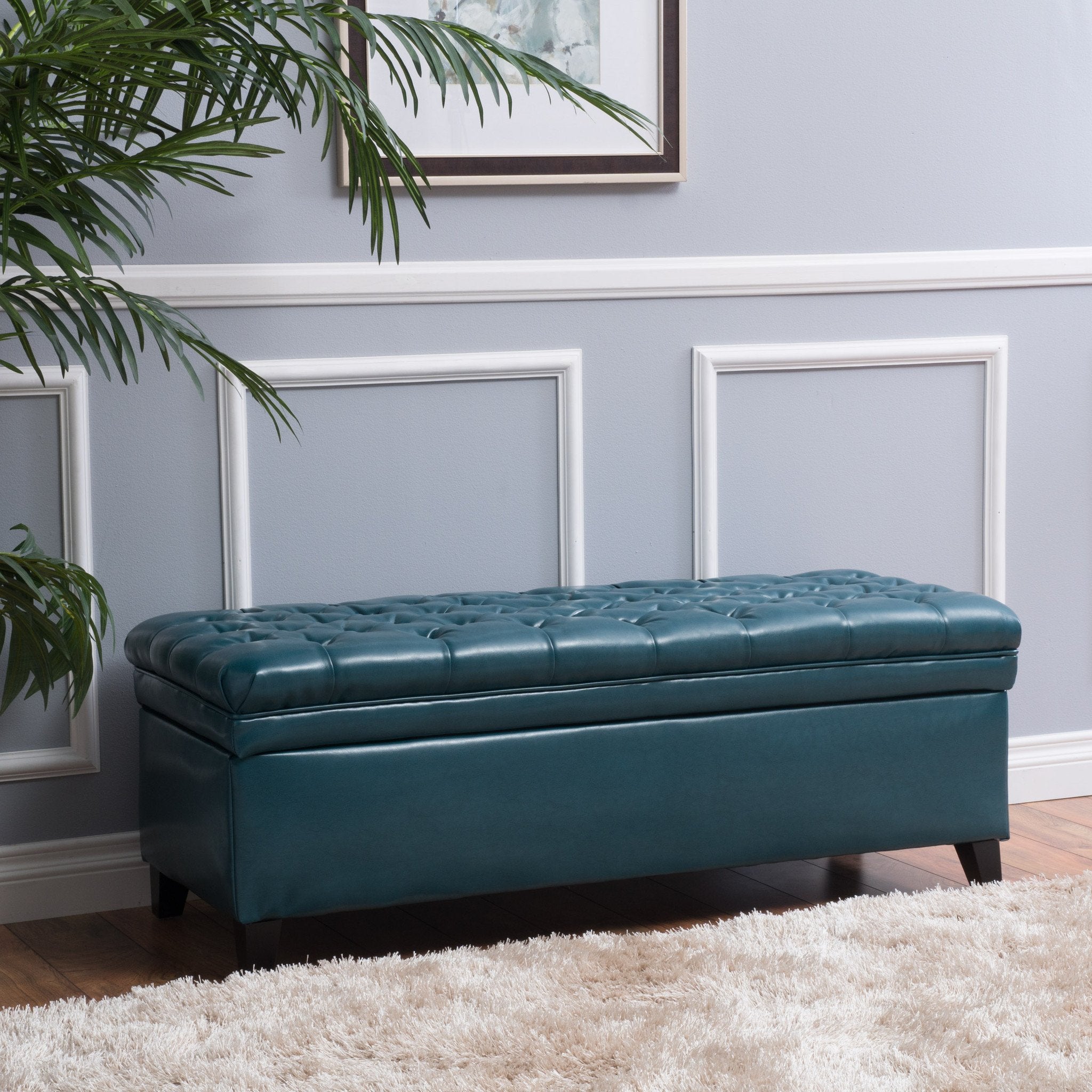 Laguna Button Tufted Leather Storage Ottoman Bench