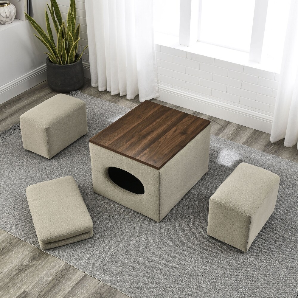 Detachable Lid Footstool Spare Seat Temporary Table Folding Square Storage Cube Seat Low Stool Stool with 2 Cushion