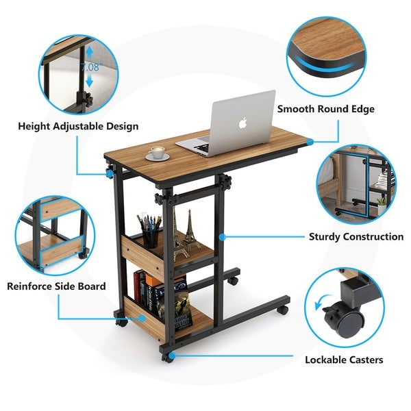 Height Adjustable C Table， Sofa Side Tables， Mobile End Table with Storage Shelves