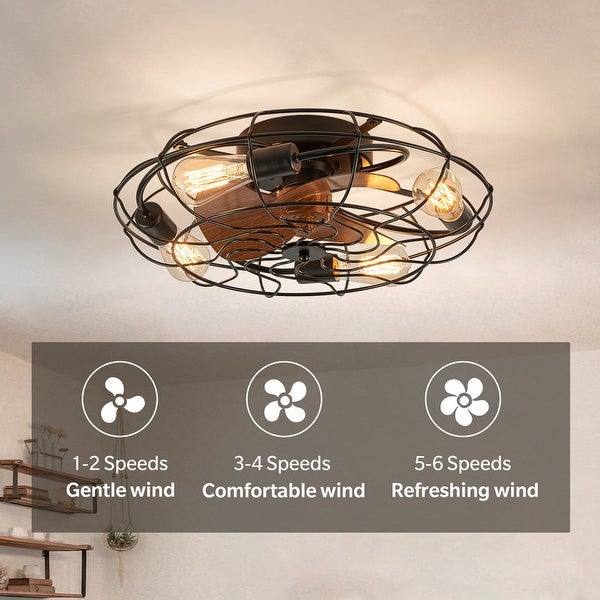 20 in. Low Profile Flush Mount Ceiling Fan Lights Wood Grain Modern Farmhouse Caged Ceiling Fan with Light for Bedroom Shopping - The Best Deals on Ceiling Fans | 40945630