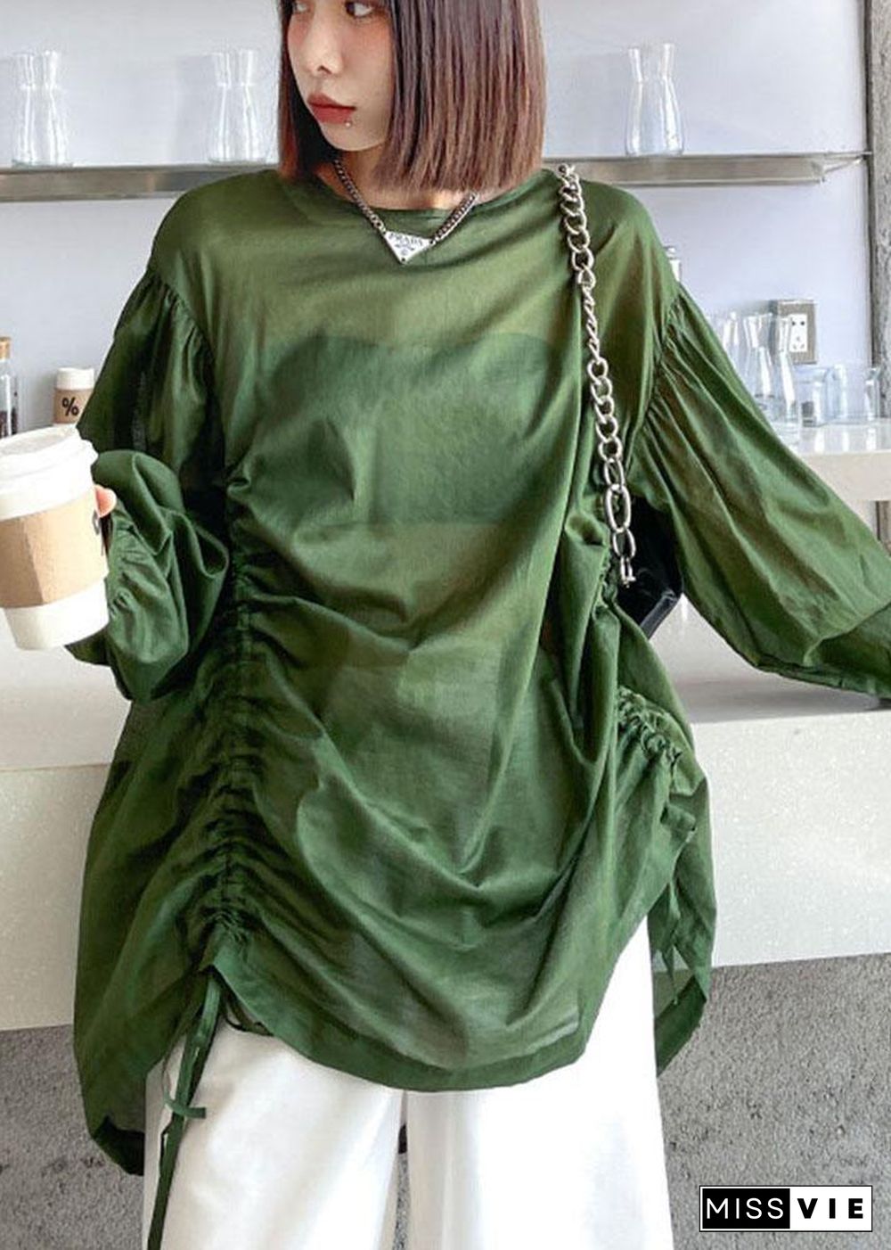 French Green Cinched Long sleeve shirts