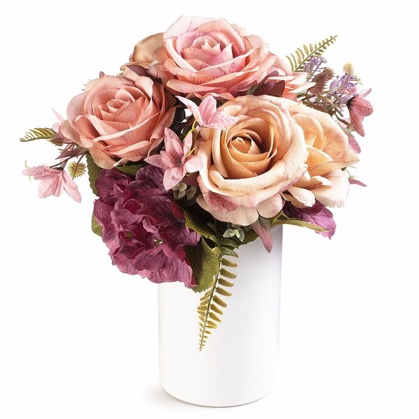 Enova Home Artificial Silk Roses and Hydrangea Fake Flowers Arrangement in Ceramic Vase with Faux Water for Home Wedding Decor