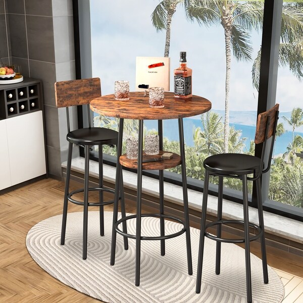 3 Pcs Dining Set， 2-Tier Round Bistro Bar Table and Upholstered Chair