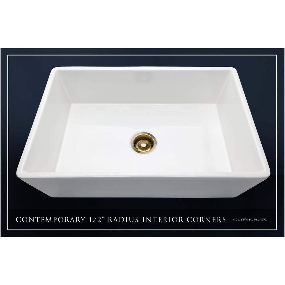 Fossil Blu Luxury White Solid Fireclay 33 in. Single Bowl Farmhouse Apron Kitchen Sink with Matte Gold Accs and Flat Front WHS1002BB