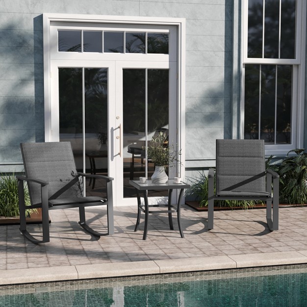 Emma And Oliver 3 Piece Outdoor Rocking Chair Patio Set With Flex Comfort Material And Metal Framed Glass Top Table