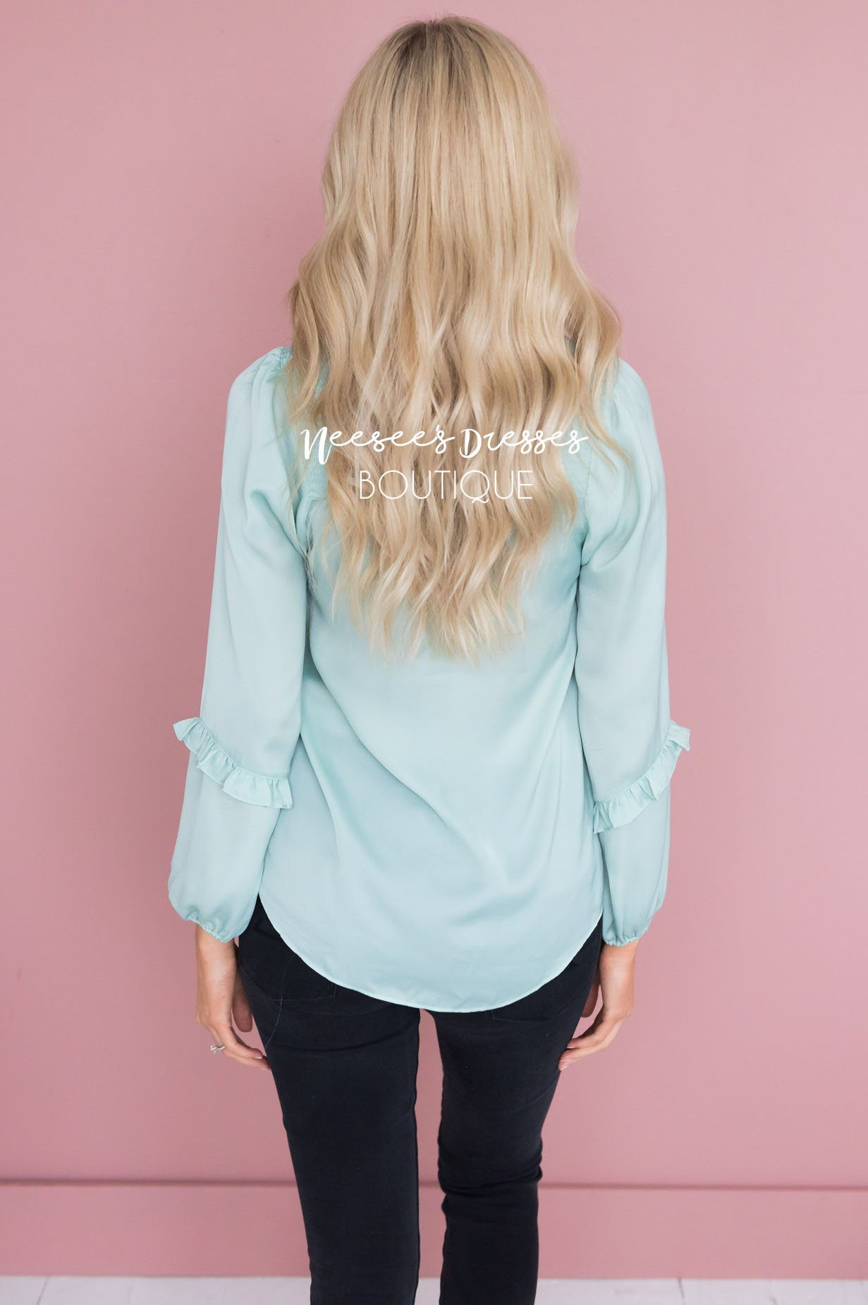 Mint Smocked Satin Blouse