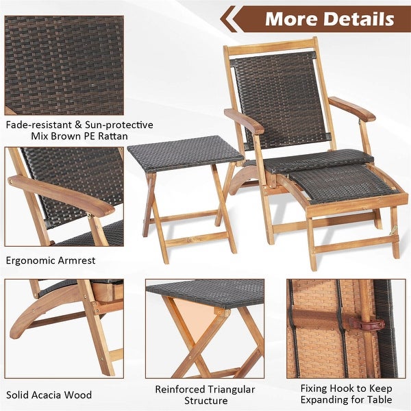 2-Piece Patio Rattan Folding Lounge Chair with Acacia Wood Table