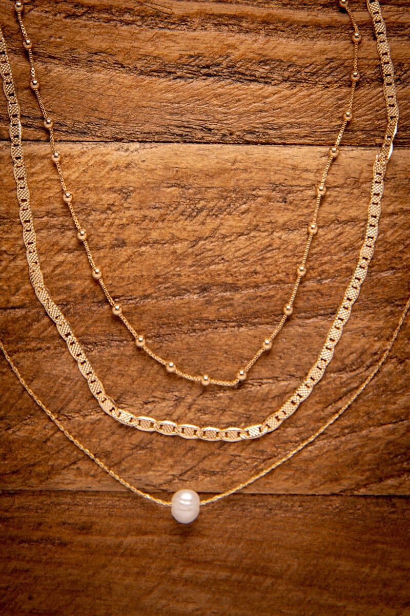 Gold Multi Strand Necklace With Pearl