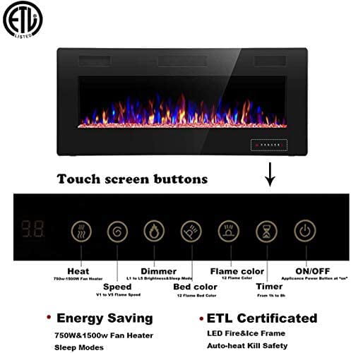 AGLUCKY 42 inch Recessed and Wall Mounted Fireplace,Low Noise, Fit for 2 x 6 and 2 x 4 Stud, Remote Control with Timer,Touch Screen,Adjustable Flame Speed