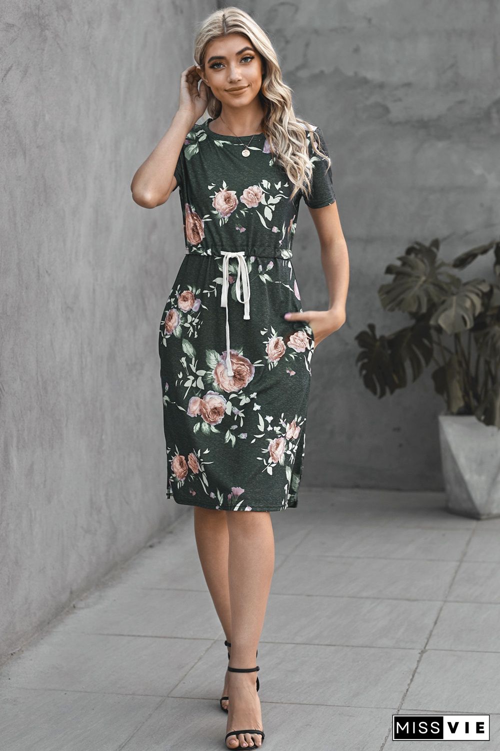 Short Sleeve Pocketed Drawstring Casual Floral Dress