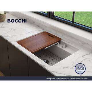 BOCCHI Baveno Uno White Fireclay 27 in. Single Bowl UndermountDrop-In 3-hole Kitchen Sink wIntegrated WS and Acc. 1633-001-0127