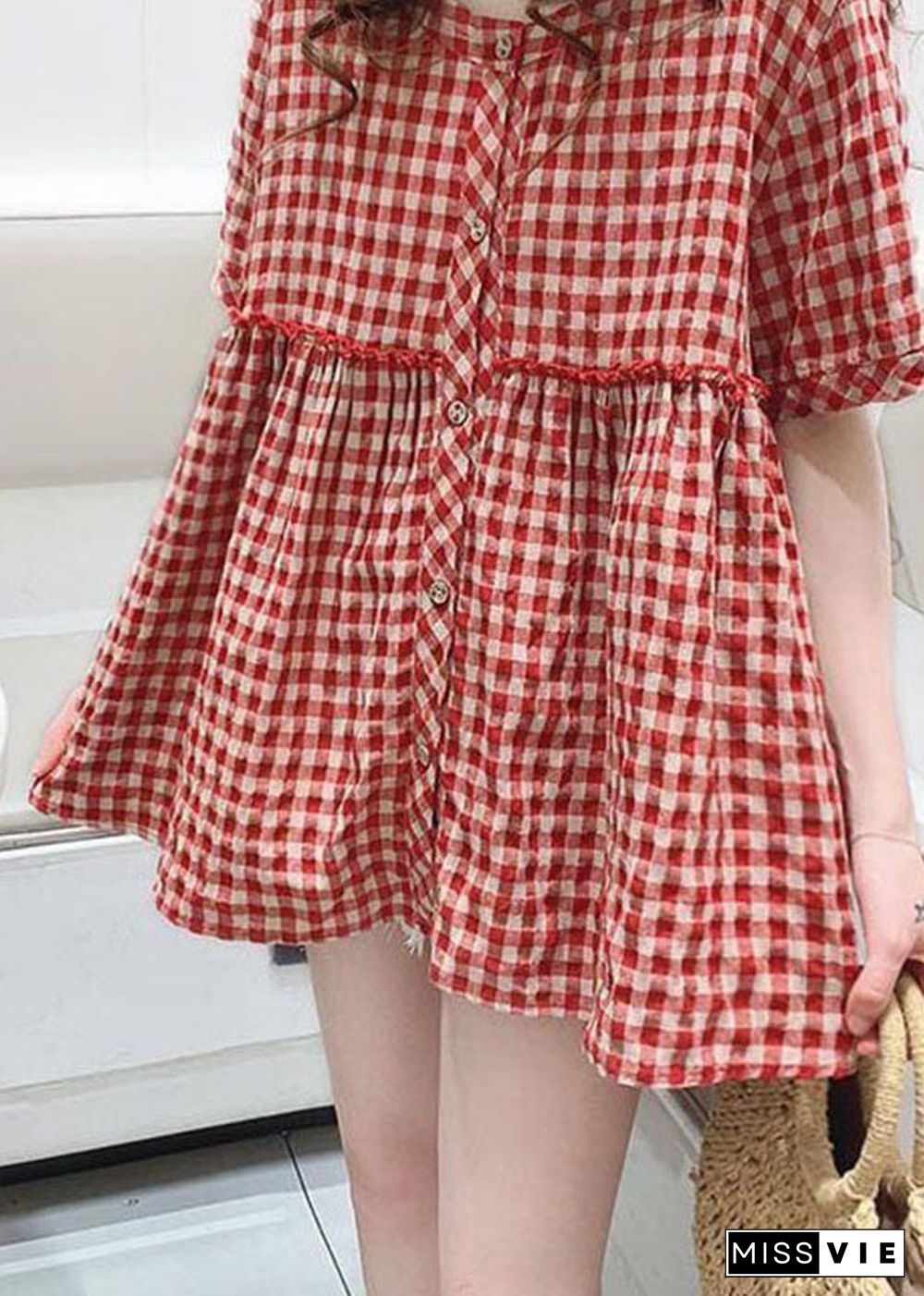 Women Red O Neck Plaid Wrinkled Patchwork Cotton Shirt Top Summer