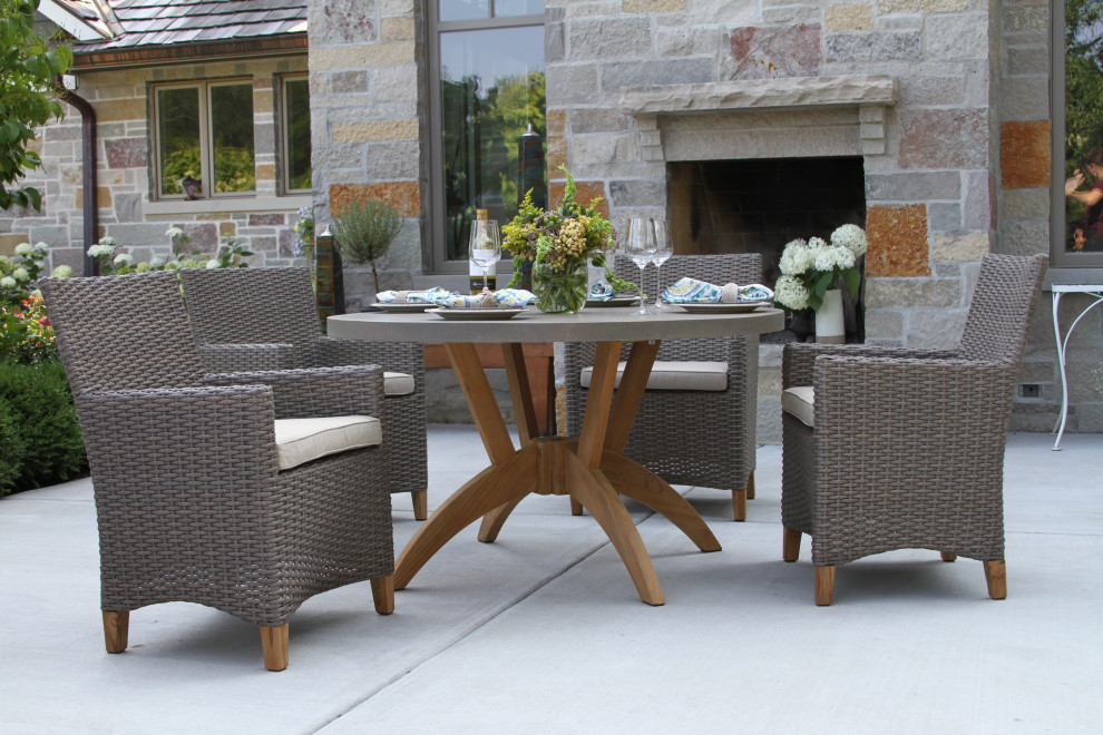 5 Piece Nautical Teak  Driftwood Gray Wicker Round Dining Set  Sunbrella   Tropical   Outdoor Dining Sets   by Outdoor Interiors  Houzz