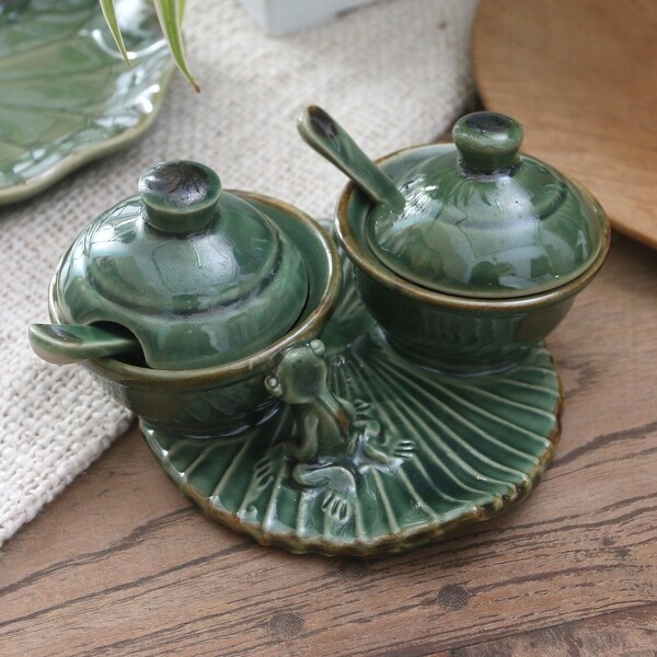 Novica Handmade Frog And Leaf Ceramic Condiment Set (5 Pcs)