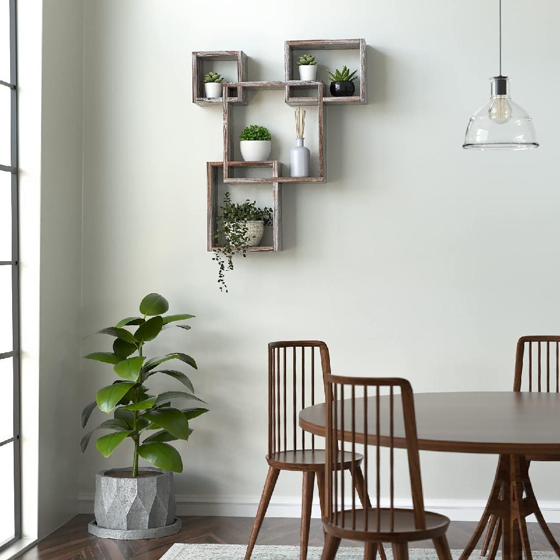 Rustic Wood Shelves -Floating Intersecting Wall Shelves with Cubes, Wall-Mounted Square, Antique Style Shadowbox, Decorative Collection Display Organizer.