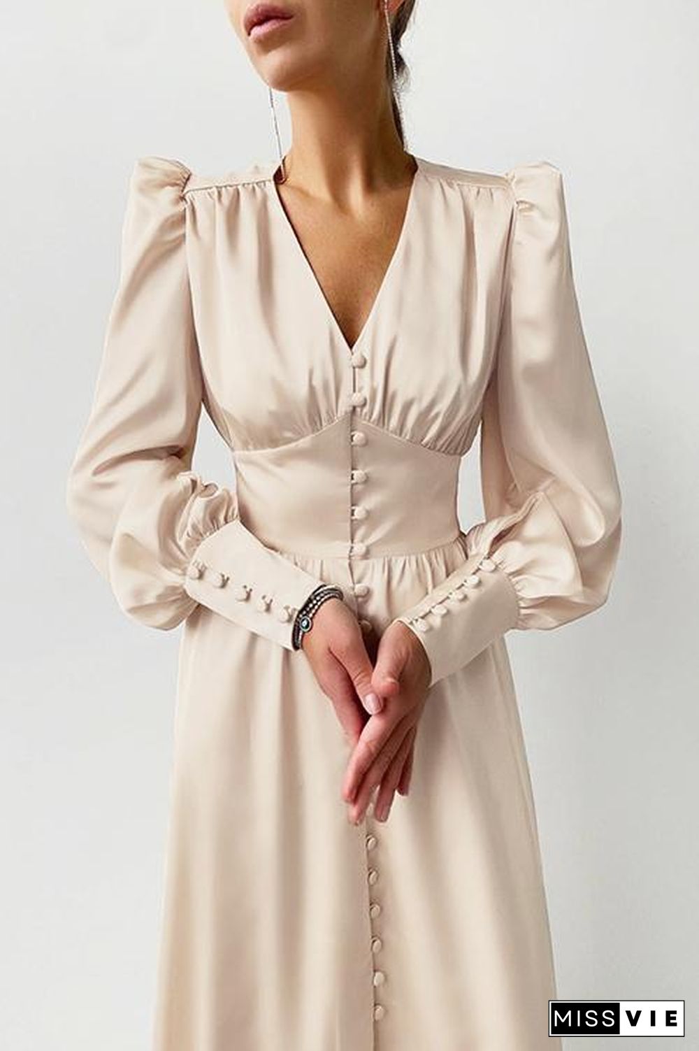 Satin Button Puff Long Sleeve Dress