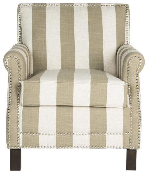 Jennifer Club Chair With Awning Stripes Silver Nail Heads Olive/ White   Farmhouse   Armchairs And Accent Chairs   by AED Luxury Home Decor  Houzz