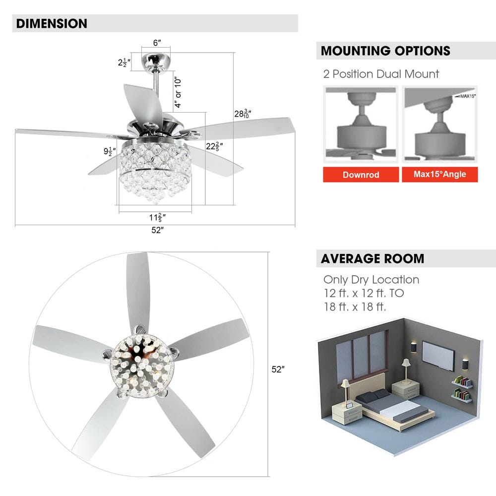 Parrot Uncle Berkshire 52 inModern Downrod Mount Chrome Crystal Ceiling Fan with Light Kit and Remote Control