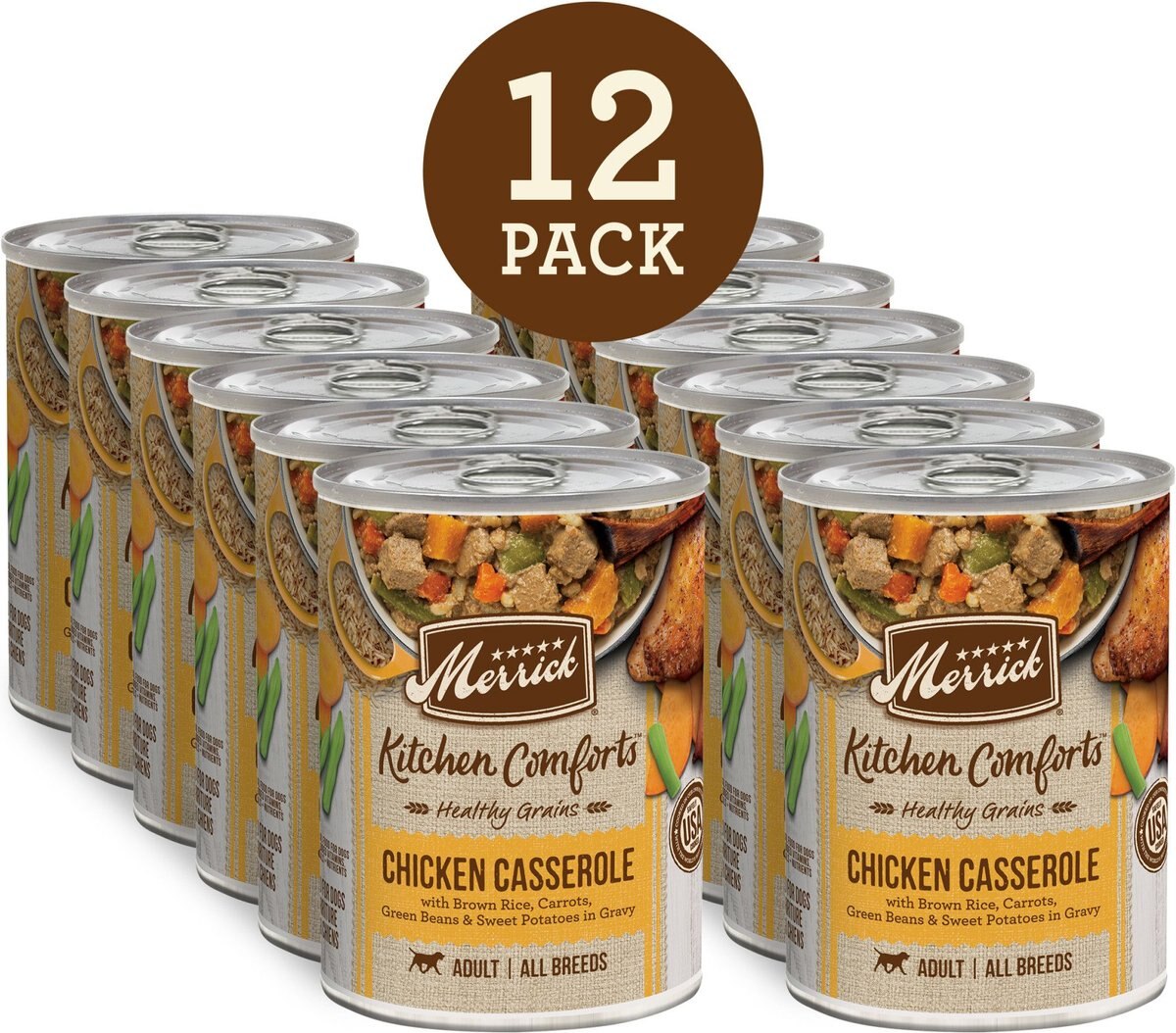 Merrick Kitchen Comforts Chicken and Rice Wet Dog Food， 12.7-oz can， case of 12