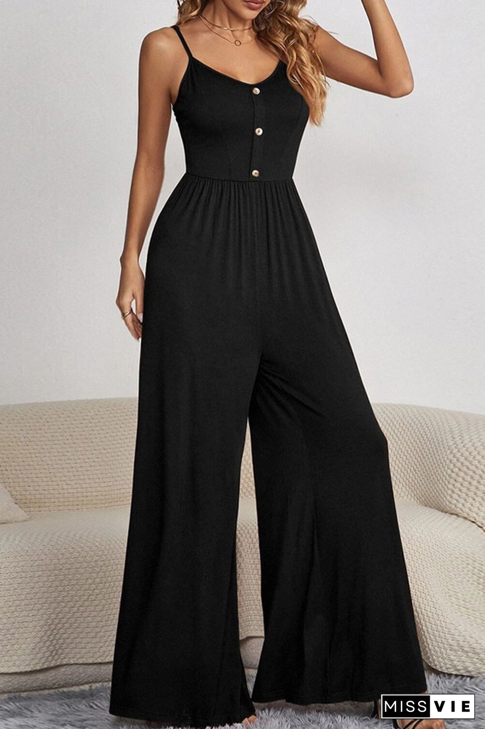 Plain Wide Leg Button Jumpsuit Wholesale