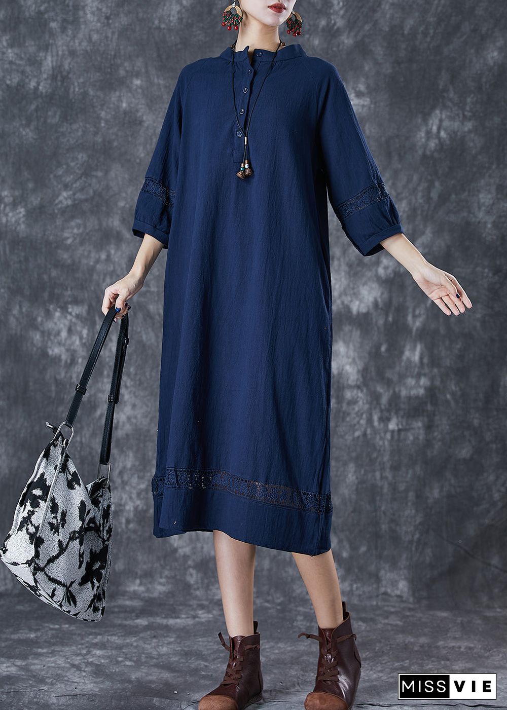 Navy Hollow Out Cotton Maxi Dress Oversized Bracelet Sleeve