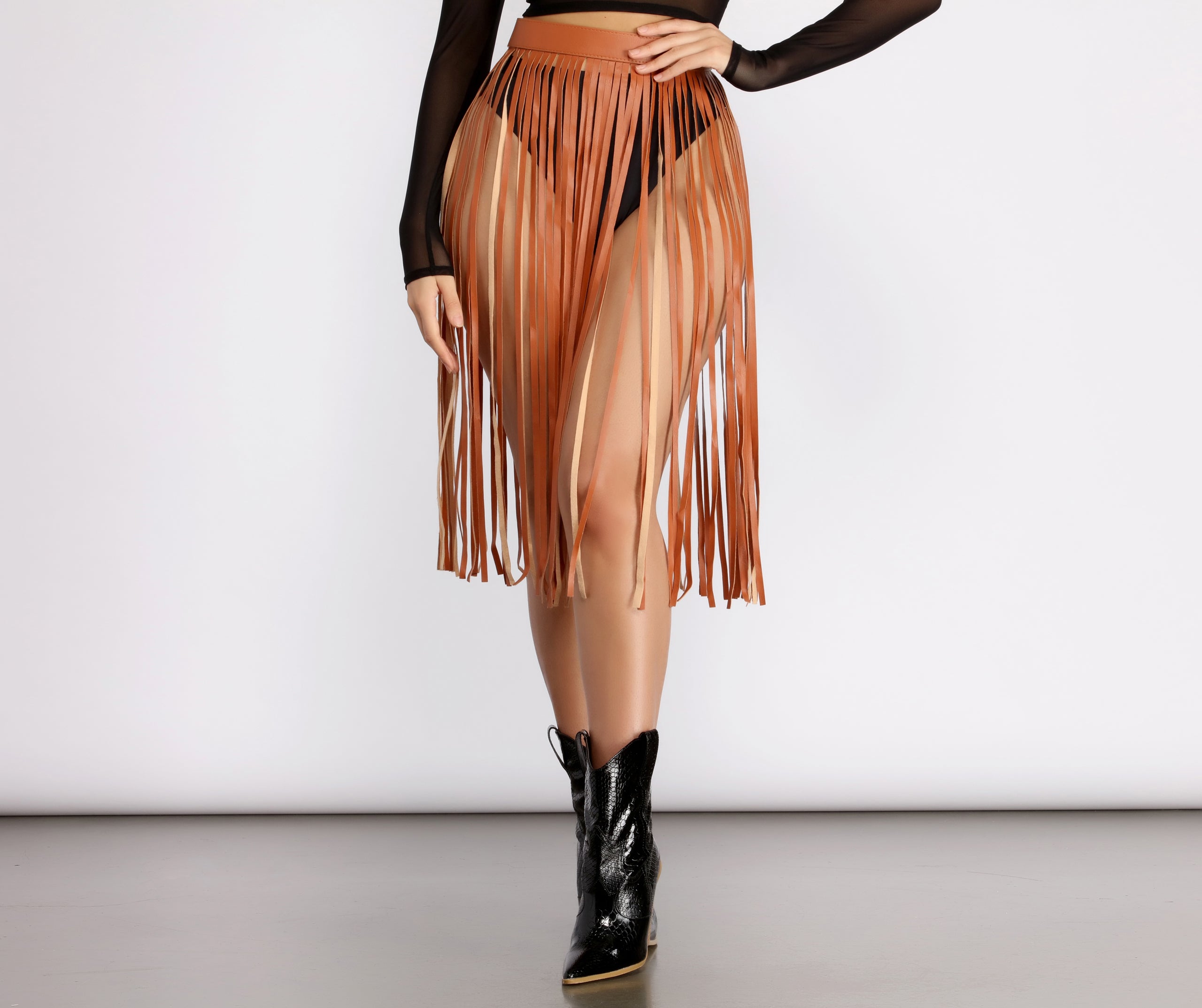 Rockin' Hun' Faux Leather Fringe Belted Skirt