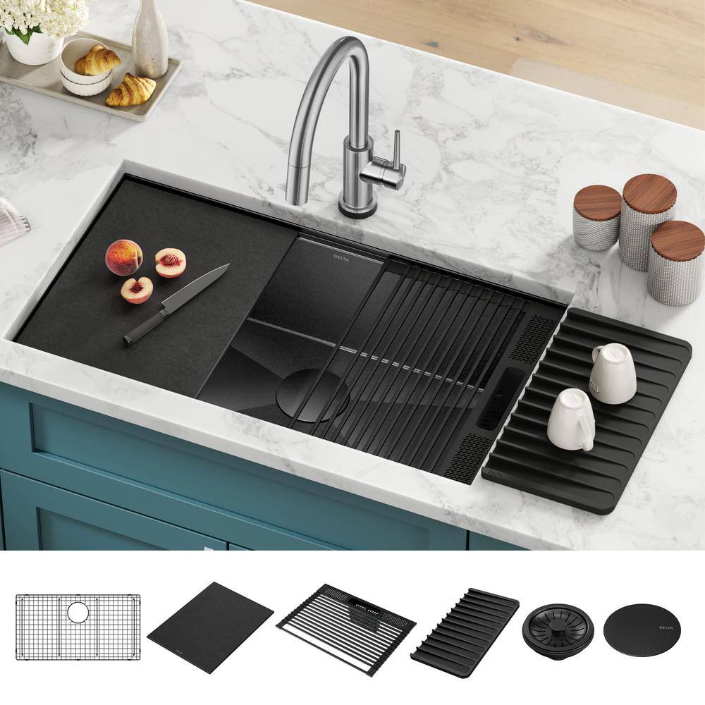 Delta Rivet16 Gauge Black Stainless Steel 32 in. Single Bowl Undermount Workstation Kitchen Sink in PVD Gunmetal Finish 95B9031-32S-GS