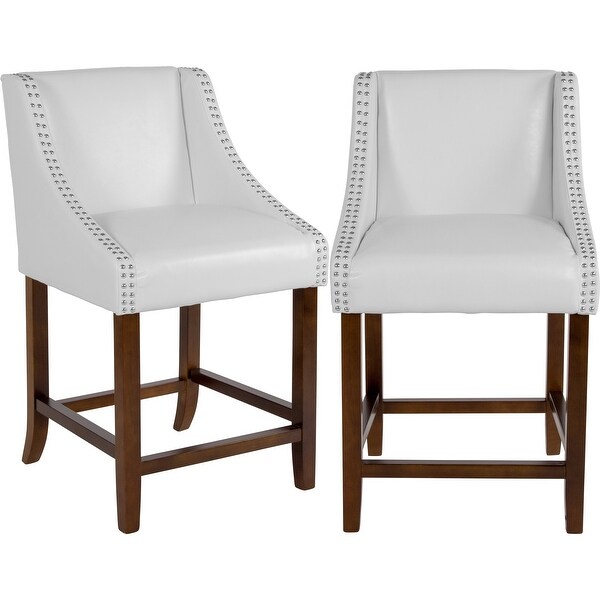 White Bonded Leather Upholstered Counter Height Dining Stools with Nailhead Trim